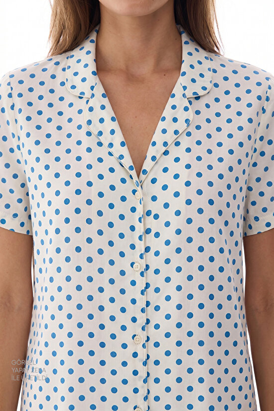 Ekru Blue Dots Gömlek Şort Pijama Takımı - 2