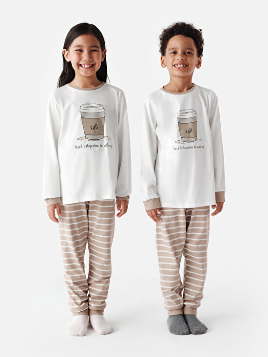 Unisex Tall Fam Uzun Kollu Kırık Beyaz Pijama Takımı - 1