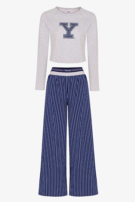 Lacivert Yale Graffiti Desenli Uzun Kollu Pantolon Pijama Takımı - 1