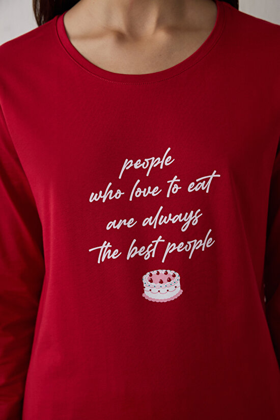 Red Joyous Time New Year's Themed Crew Neck Long Sleeve Pajama Set - 3