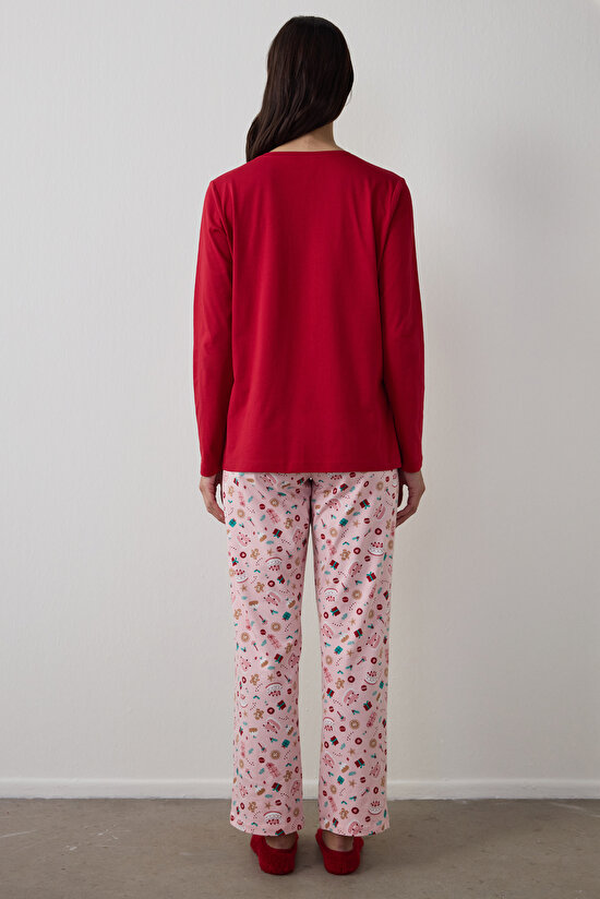 Red Joyous Time New Year's Themed Crew Neck Long Sleeve Pajama Set - 4