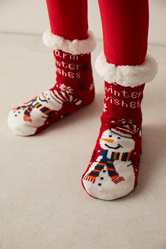 Unisex Çocuk Kardan Adam Desenli Kırmızı Soket Çorap - 1