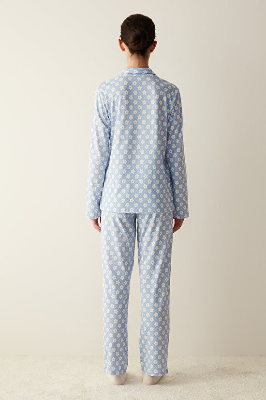 Base Mavi Floral Gömlek Pantolon Pijama Takımı - 3
