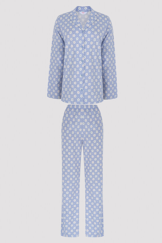 Base Mavi Floral Gömlek Pantolon Pijama Takımı - 4