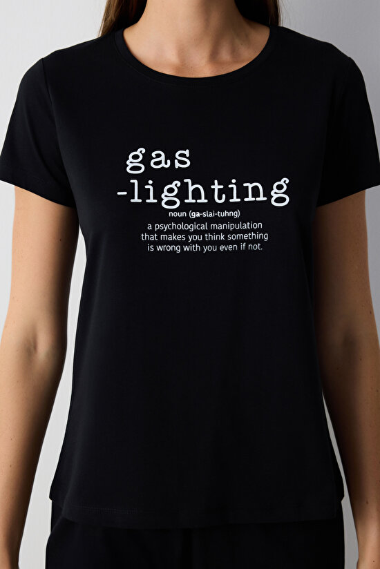 Pamuklu Gas-Lighting Siyah Pantolon Pijama Takımı - 3