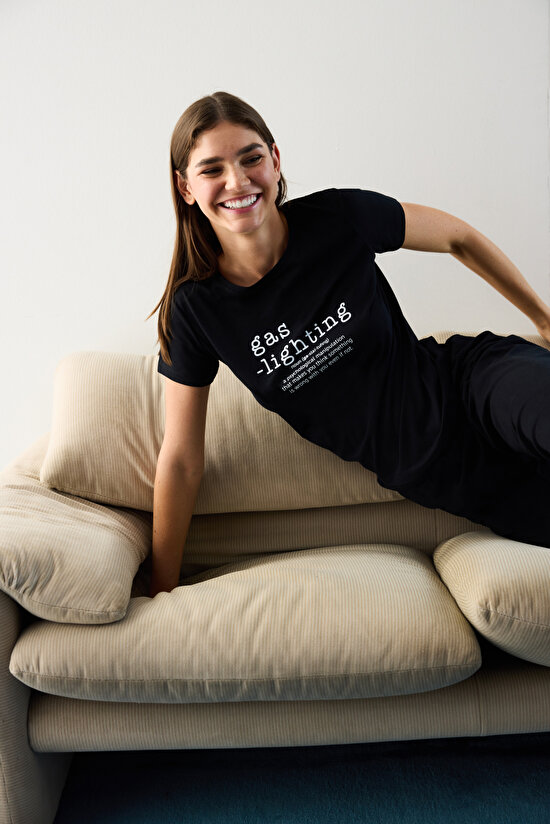 Pamuklu Gas-Lighting Siyah Pantolon Pijama Takımı - 4