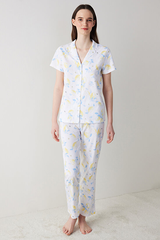 Lemon Printed Beyaz Gömlek Pijama Takımı - 1