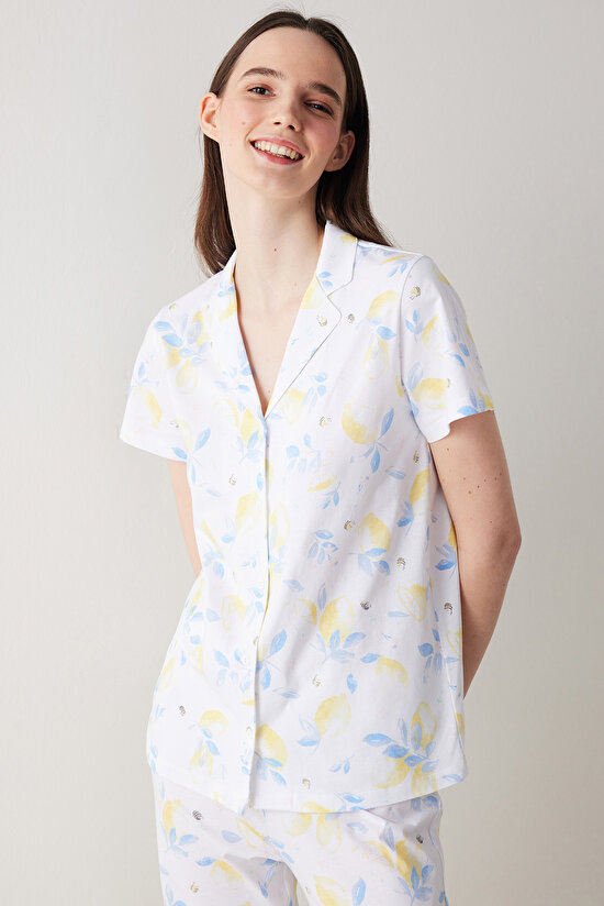 Lemon Printed Beyaz Gömlek Pijama Takımı - 2