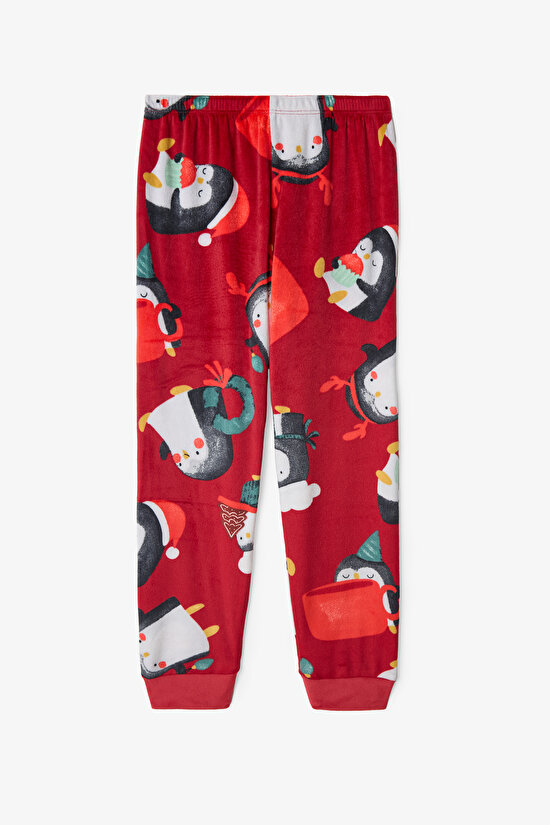 Kırmızı Kız Çocuk Penguen Desenli Uzun Kollu Pijama Takımı - 5