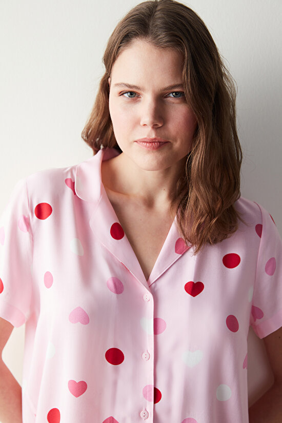 Base Cute Hearts Pembe Gömlek Şort Pijama Takımı - 3