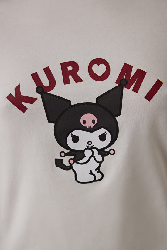 Kırık Beyaz Kuromi Baskılı Kayık Yaka Pamuklu Uzun Kollu Pijama Takımı - 3