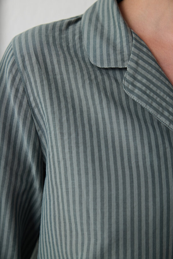 Dark Green Striped Shirt Collar Long Sleeve Pajama Set Dark Green Striped Shirt Collar Long Sleeve Pajama Set - 3