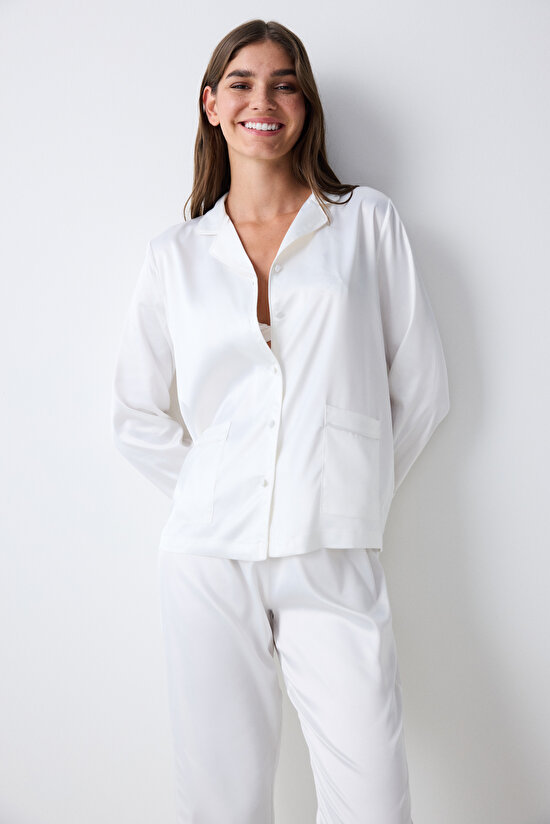 Bridal Aura Kırık Beyaz Gömlek Pantolon Pijama Takımı Bridal Aura Kırık Beyaz Gömlek Pantolon Pijama Takımı - 3