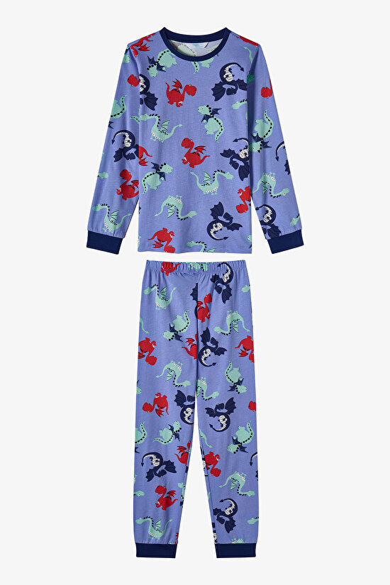 Erkek Çocuk Lila Dragon Repeat Pamuklu Uzun Kollu Pijama Takımı - 1