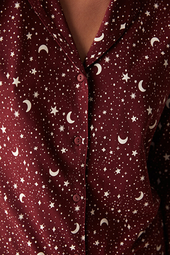Gökyüzü Desenli Gömlek Pantolon Bordo Pijama Takımı - 4