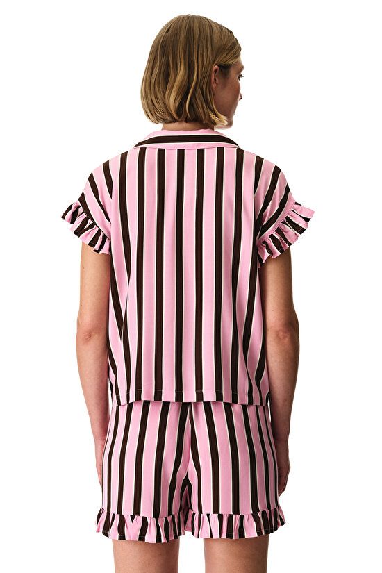 Kahverengi Lily Çizgili Gömlek Şortlu Pijama Takımı - 4