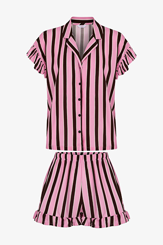 Kahverengi Lily Çizgili Gömlek Şortlu Pijama Takımı - 5