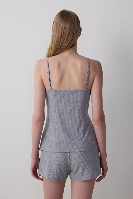 Gri Melanj Lilah Dantel Detaylı Ayarlanabilir Askılı Şortlu Pijama Takımı - 4