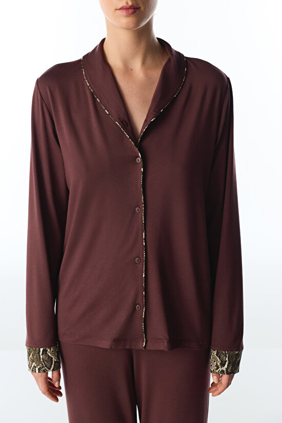 Brown Margot Snake Print Long Sleeve Shirt & Trouser Pyjama Set - 3
