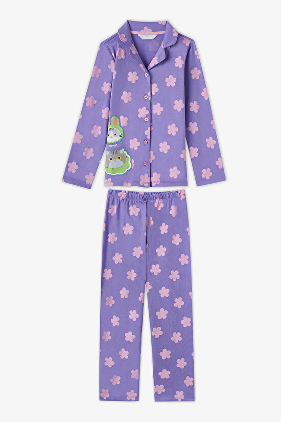 Kız Çocuk Lila Feel Better Kedi Desenli Pamuklu Düğmeli Uzun Kollu Gömlek Pantolon Pijama Takımı - 1