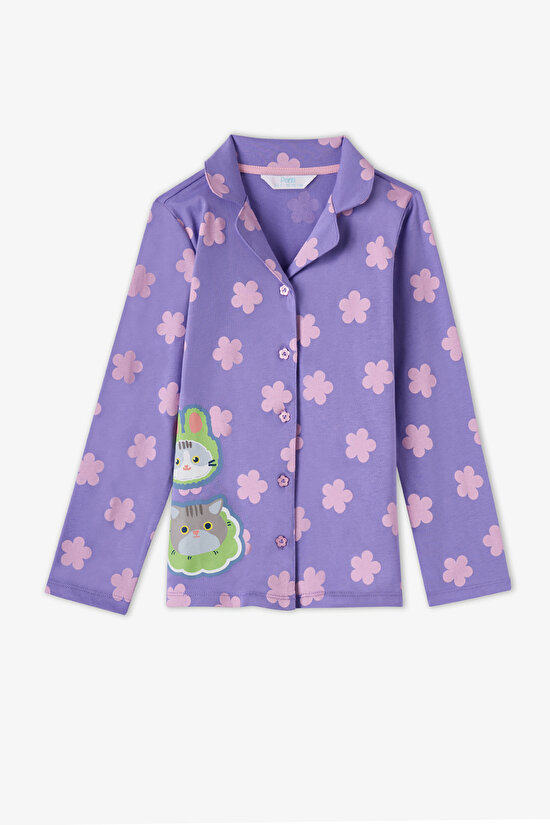 Kız Çocuk Lila Feel Better Kedi Desenli Pamuklu Düğmeli Uzun Kollu Gömlek Pantolon Pijama Takımı - 2