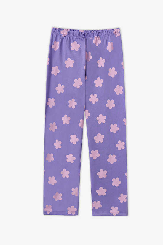 Kız Çocuk Lila Feel Better Kedi Desenli Pamuklu Düğmeli Uzun Kollu Gömlek Pantolon Pijama Takımı - 3