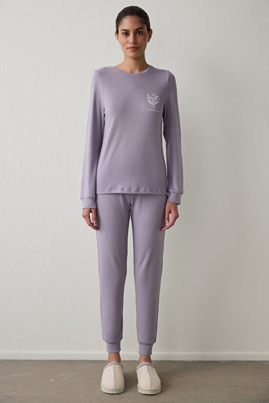 Lila Follow Your Heart Kayık Yaka Termal Etkili Pijama Takımı - 1