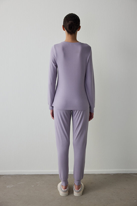 Lila Follow Your Heart Kayık Yaka Termal Etkili Pijama Takımı - 4