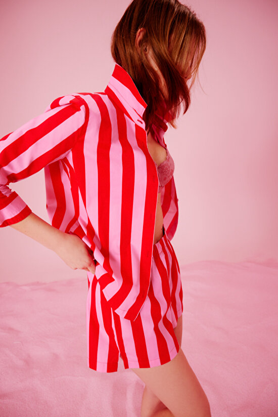 Elle Colored Stripe Kırmızı Gömlek Şort Pijama Takımı - 1