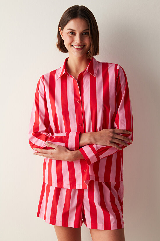 Elle Colored Stripe Kırmızı Gömlek Şort Pijama Takımı - 4
