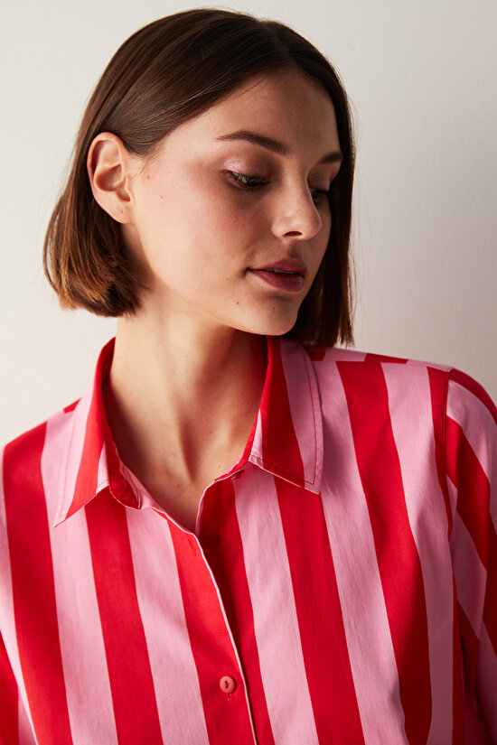 Elle Colored Stripe Kırmızı Gömlek Şort Pijama Takımı - 5