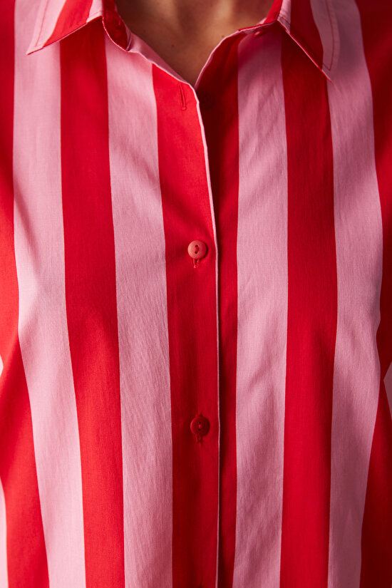 Elle Colored Stripe Kırmızı Gömlek Şort Pijama Takımı - 6