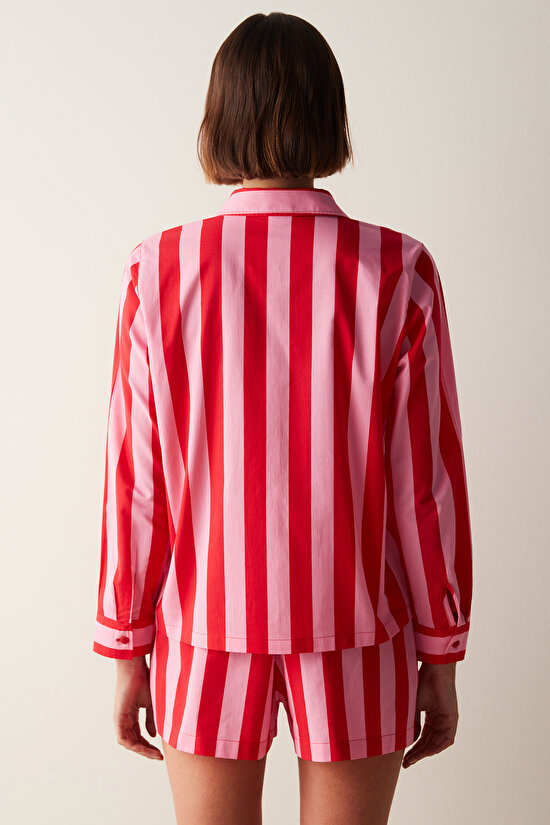 Elle Colored Stripe Kırmızı Gömlek Şort Pijama Takımı - 8