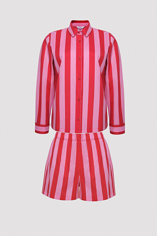 Elle Colored Stripe Kırmızı Gömlek Şort Pijama Takımı - 9