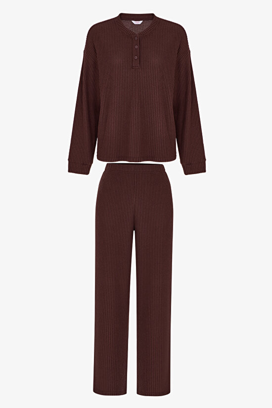 Kahverengi Coziness Waffle Pantolon Uzun Kollu Pijama Takımı - 1