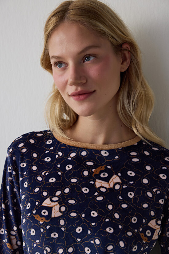 Navy Blue Bear Patterned Sweatshirt Pajama Top - 3