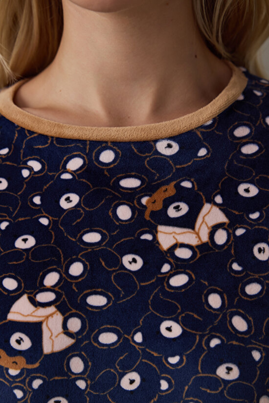 Navy Blue Bear Patterned Sweatshirt Pajama Top - 4