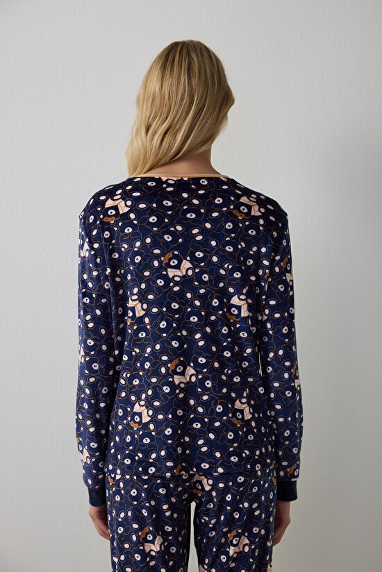 Navy Blue Bear Patterned Sweatshirt Pajama Top - 5