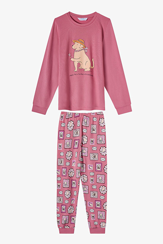 Kız Çocuk Gül Kurusu Mailing Dog Uzun Kollu Pijama Takımı - 1