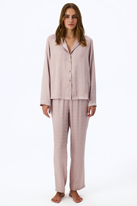 Pastel Pink Romantic Satin Slogan Print Long Sleeve Shirt & Trouser Pyjama Set - 1