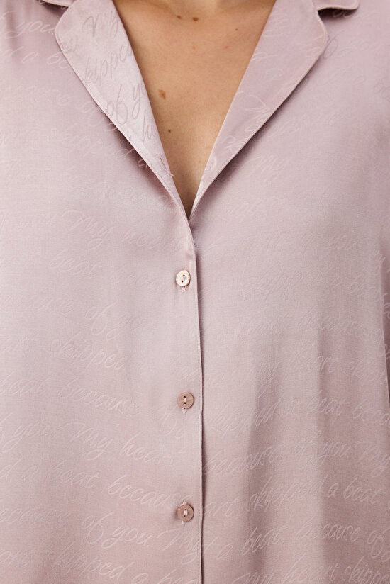Pastel Pink Romantic Satin Slogan Print Long Sleeve Shirt & Trouser Pyjama Set - 3