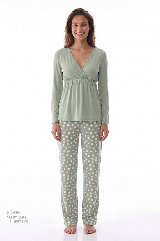 Yeşil Mama Puantiye Desenli Uzun Kollu Pantolon Pijama Takımı - 1