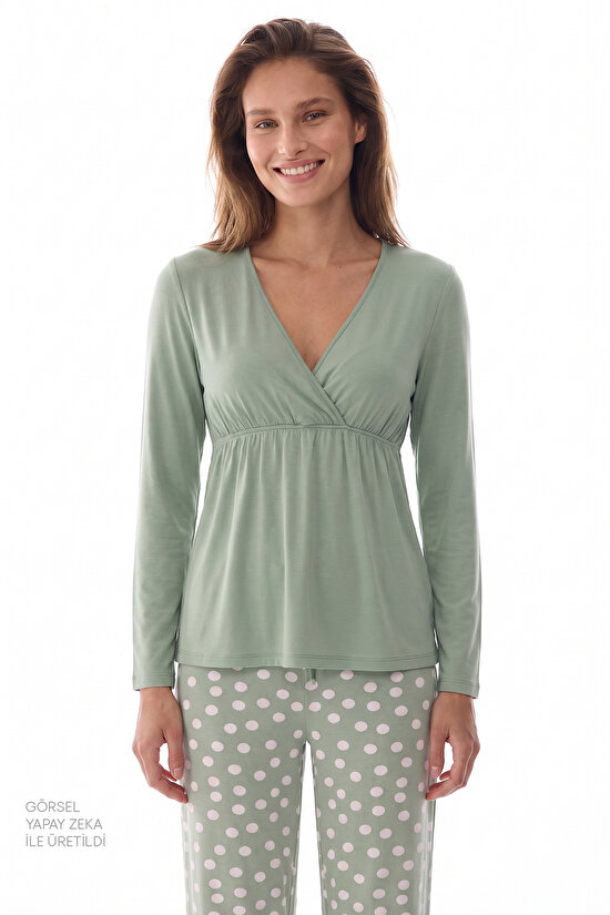 Yeşil Mama Puantiye Desenli Uzun Kollu Pantolon Pijama Takımı - 2