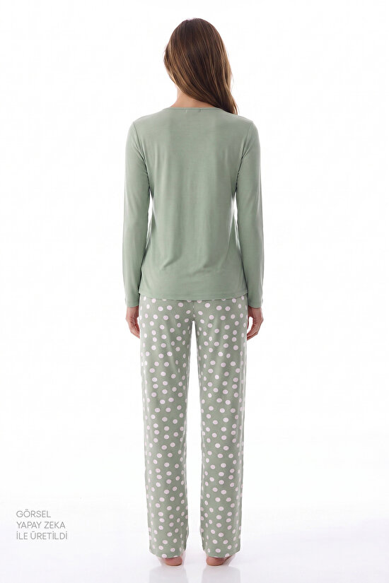 Yeşil Mama Puantiye Desenli Uzun Kollu Pantolon Pijama Takımı - 3