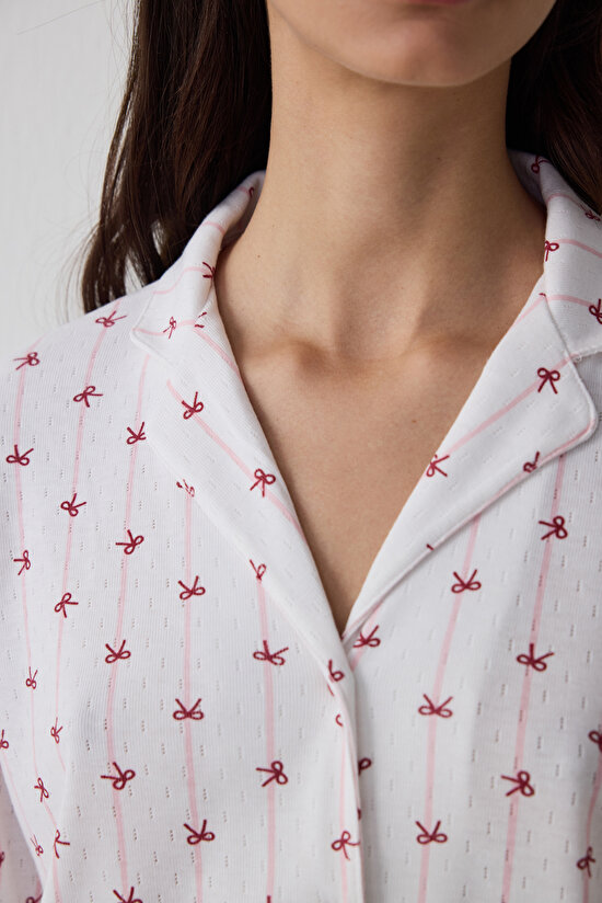 Kırık Beyaz Fiyonk Desenli Gömlek Yakalı Uzun Kollu Pijama Takımı - 4