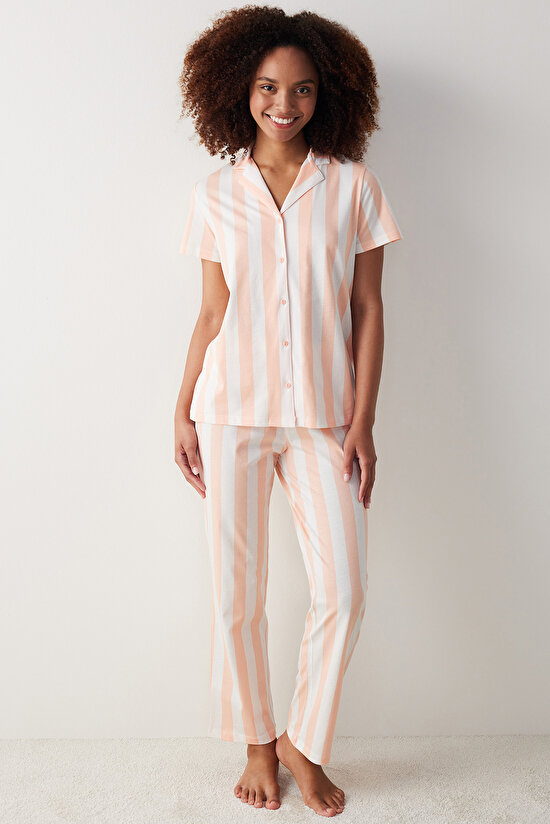 Ent Peach Striped Gömlek Pantolon Pijama Takımı - 1