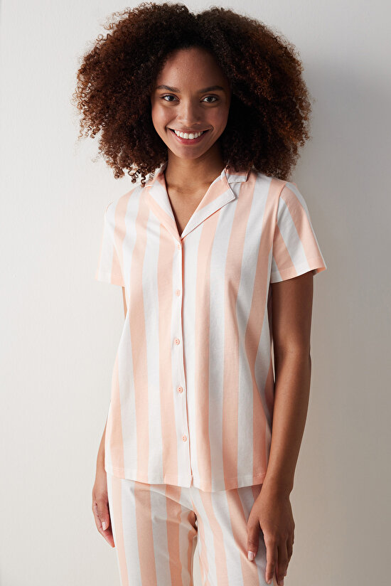 Ent Peach Striped Gömlek Pantolon Pijama Takımı - 2