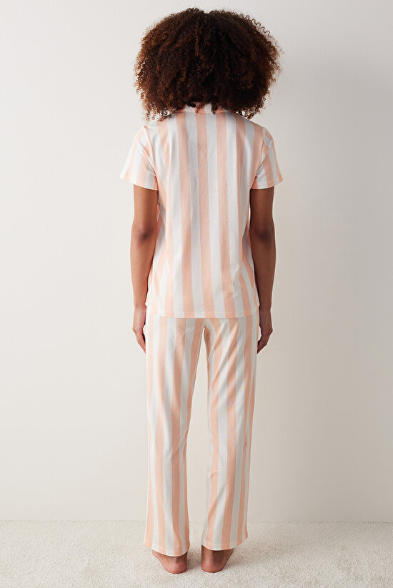 Ent Peach Striped Gömlek Pantolon Pijama Takımı - 5