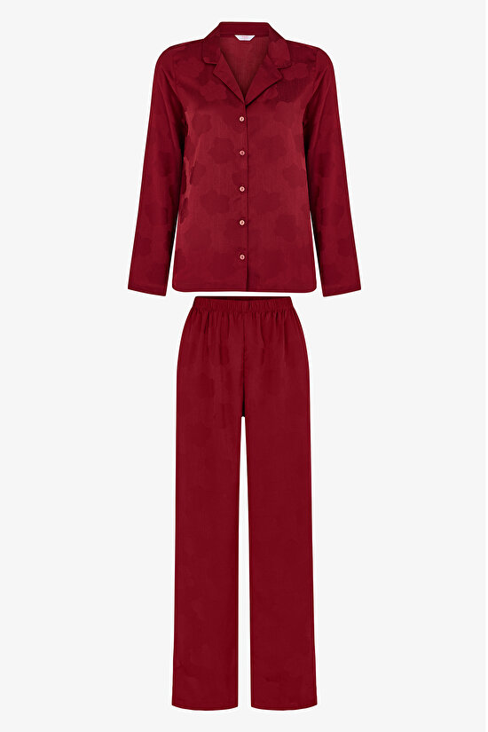 Bordo Orquidea Saten Çiçekli Uzun Kollu Gömlek Pantolon Pijama Takımı - 2