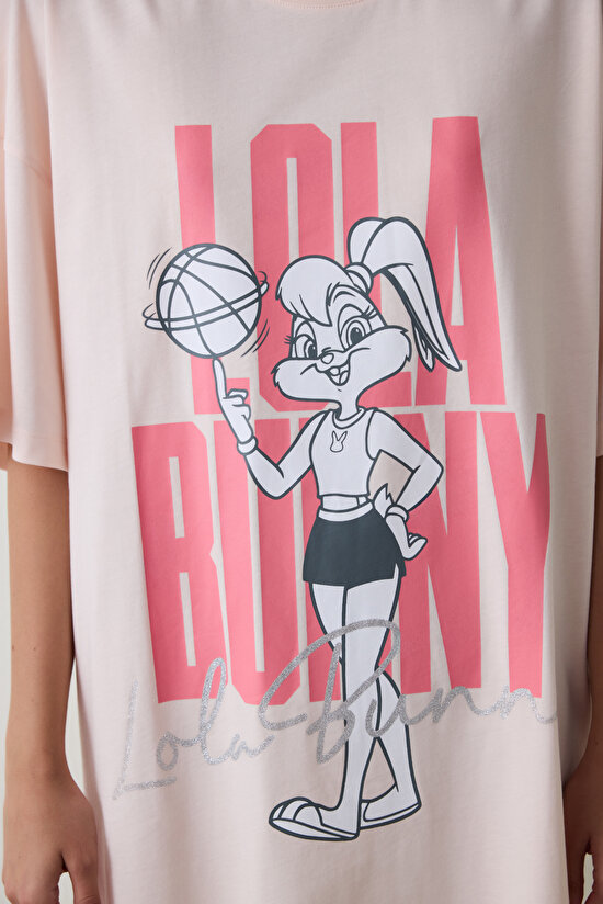 Açık Pembe Looney Tunes Lola Bunny Pamuklu Kısa Kollu Termal Etkisi Gecelik - 3
